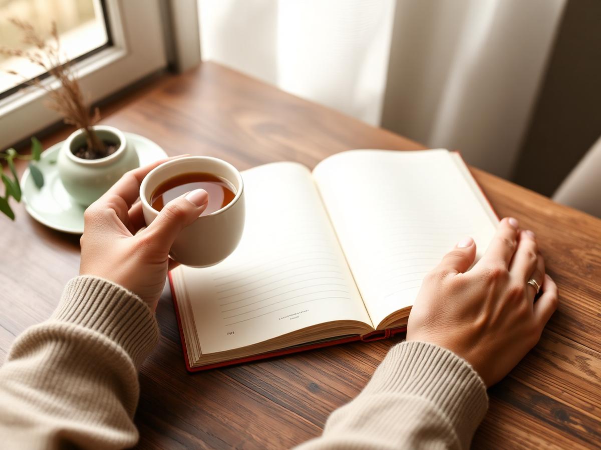Een alleenstaande ouder die even tot rust komt met thee en de planner